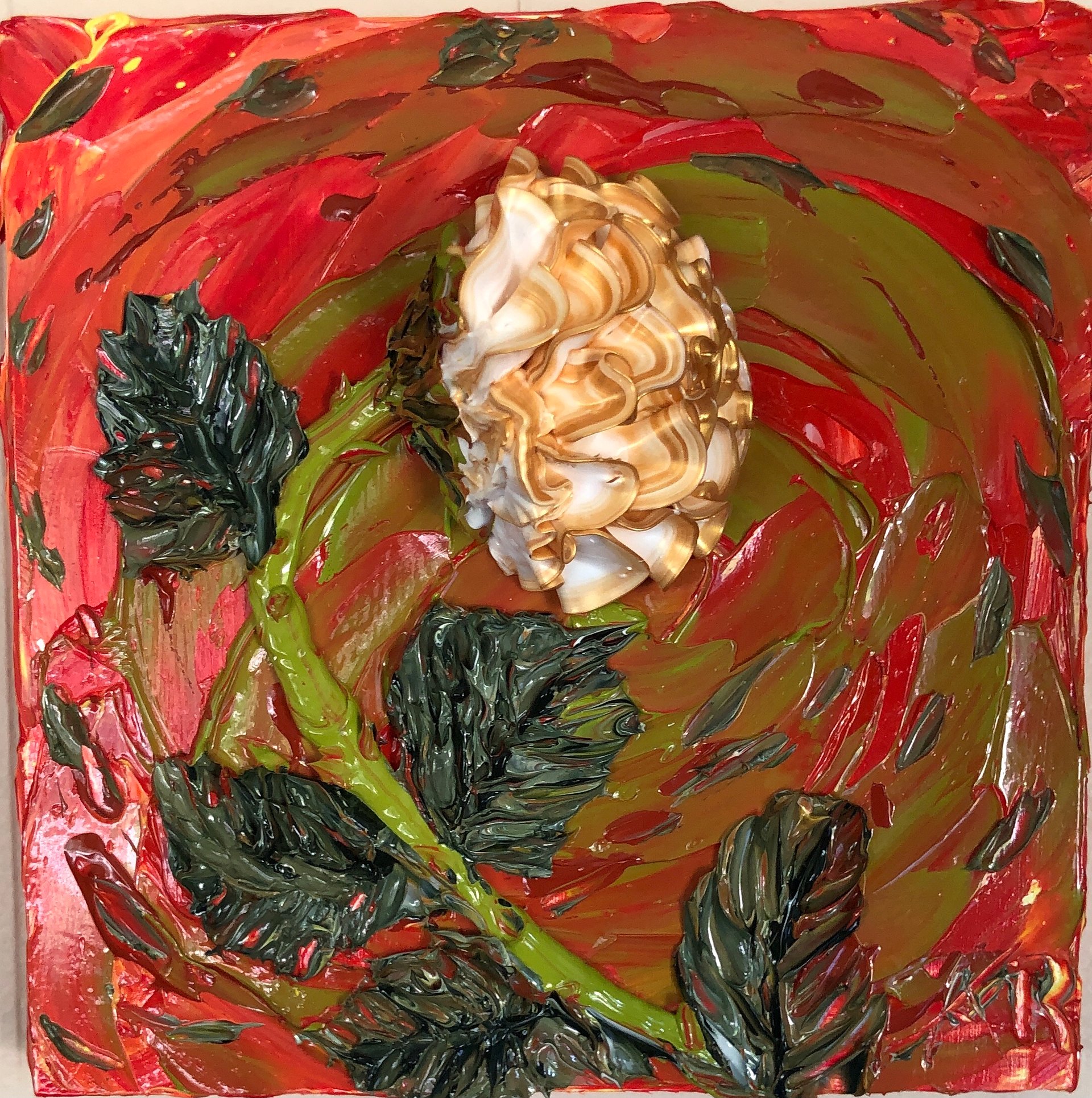 "Gilded Rose Sunset" 8"x8" birch panel Impasto painting- bright, glowing colors product image (2)