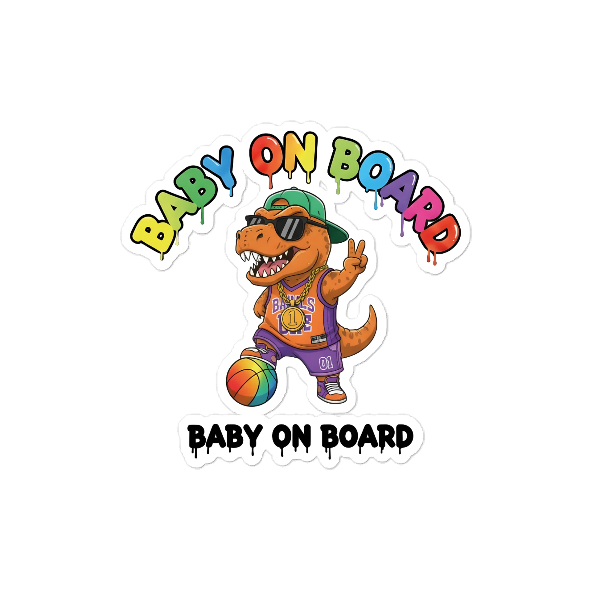 Funny T-rex Basketball Baby on Board Sticker - 5x5 Weatherproof Vinyl Car Decal - Premium T-rex Basketball Star Gift product image (1)