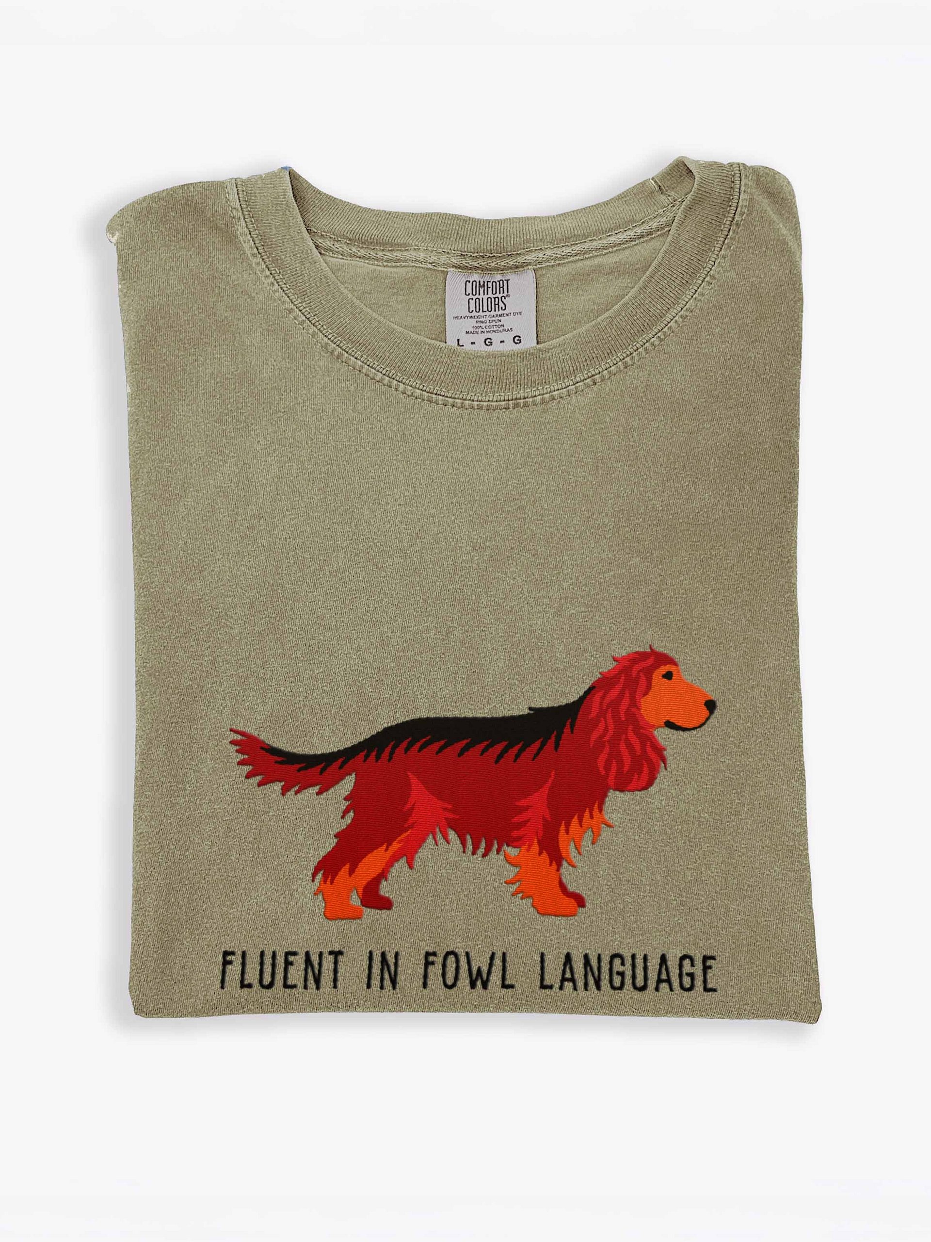 Fluent in Fowl Language T-Shirt(Embroidered) of an English Cocker Spaniel(Liver & Tan) product image (1)