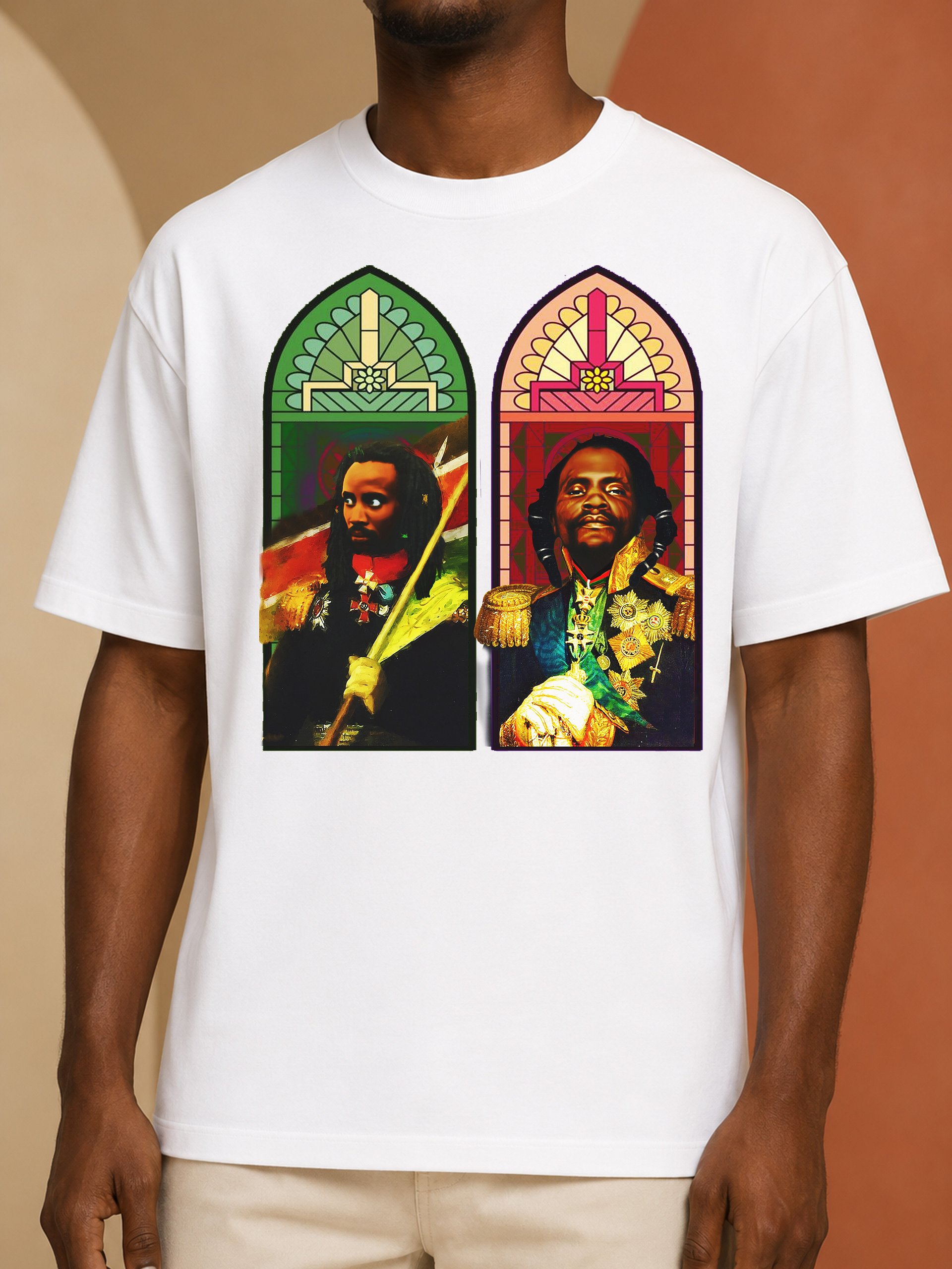 Dedan Kimathi & Musa Mwariama Stained Glass Tee – Mau Mau Freedom Fighters Pan-African Cathedral Art | Kenya History T-Shirt product image (1)