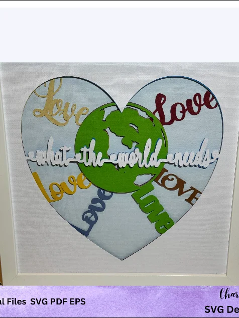 3D SVG 'What The World Needs' Heart-Shaped Earth Embraced by Love Layered Shadow Box Design product image (3)