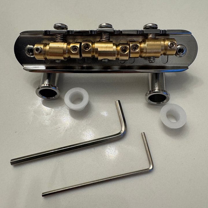 “The Goliath” Chrome-Plated Brass Jazzmaster / Jaguar / Mustang Bridge with USA Made Compensated Raw Brass Saddles product image (2)
