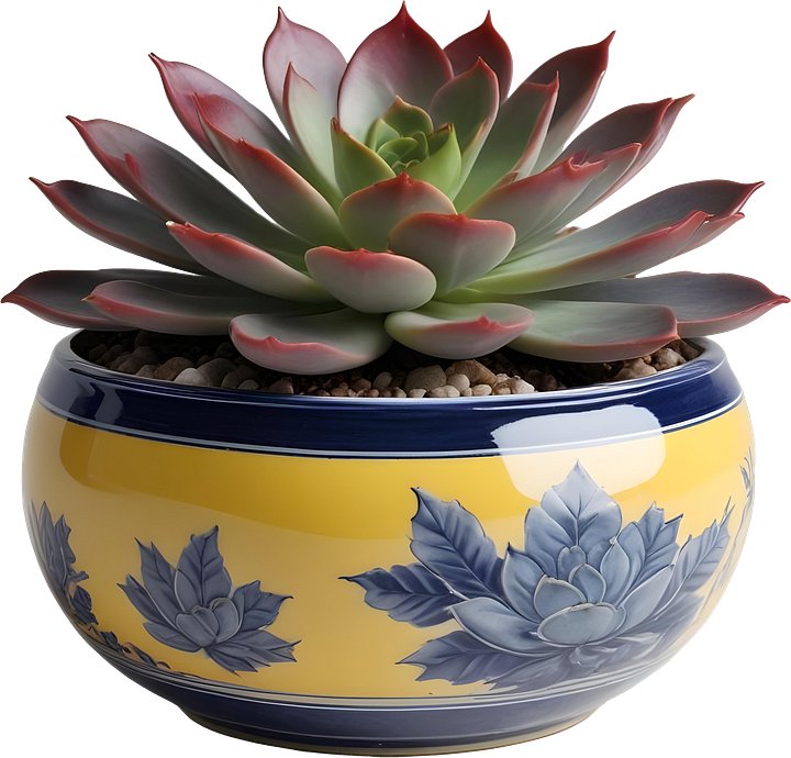 Chinese Porcelain Pot with Succulent – Yellow and Blue Floral Design PNG product image (1)