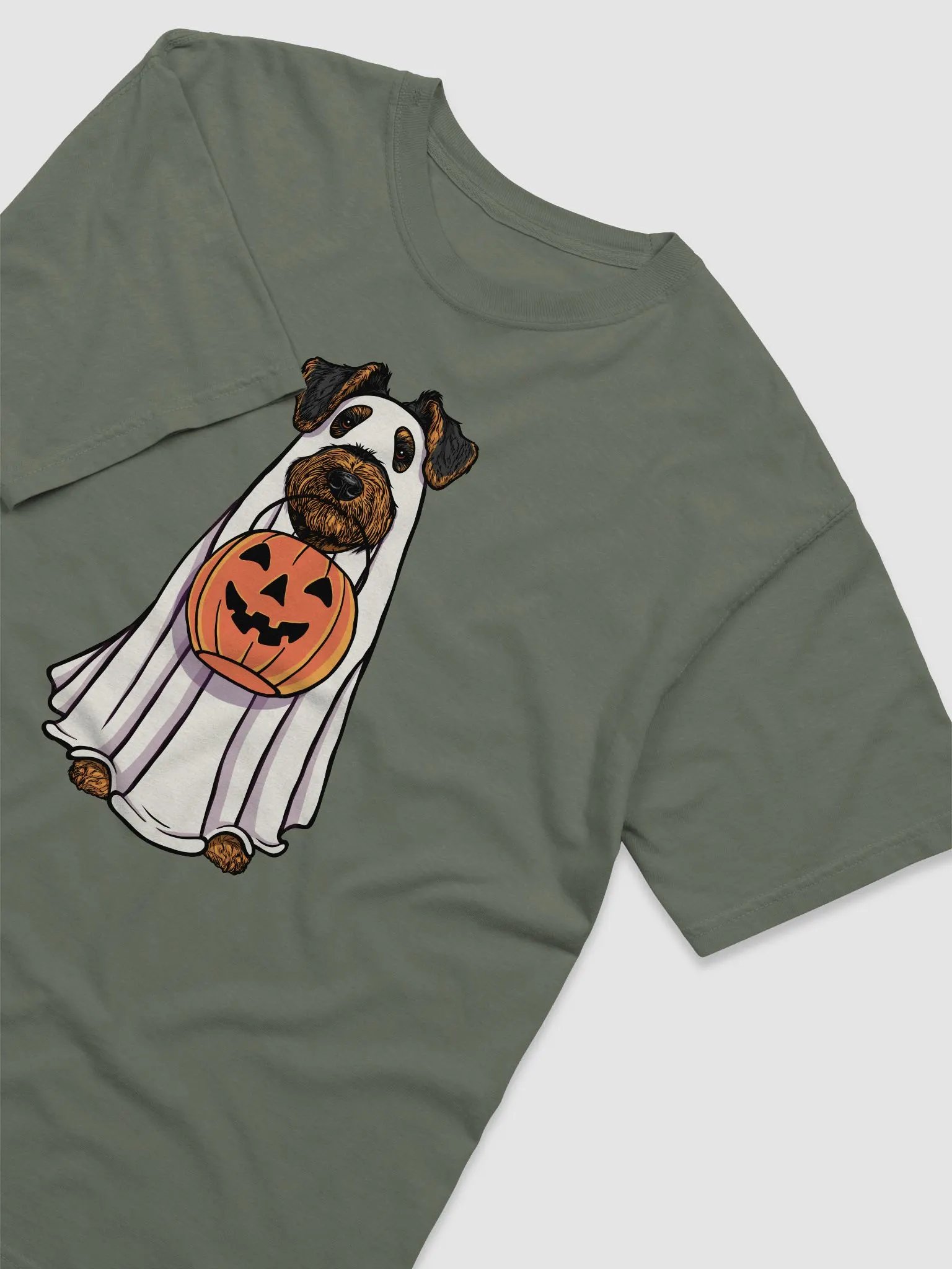 Funny Halloween Airedale Terrier(Black & Tan) T-Shirt | Funny Airedale Wearing a Ghost Costume and Holding a Pumpkin Basket product image (6)