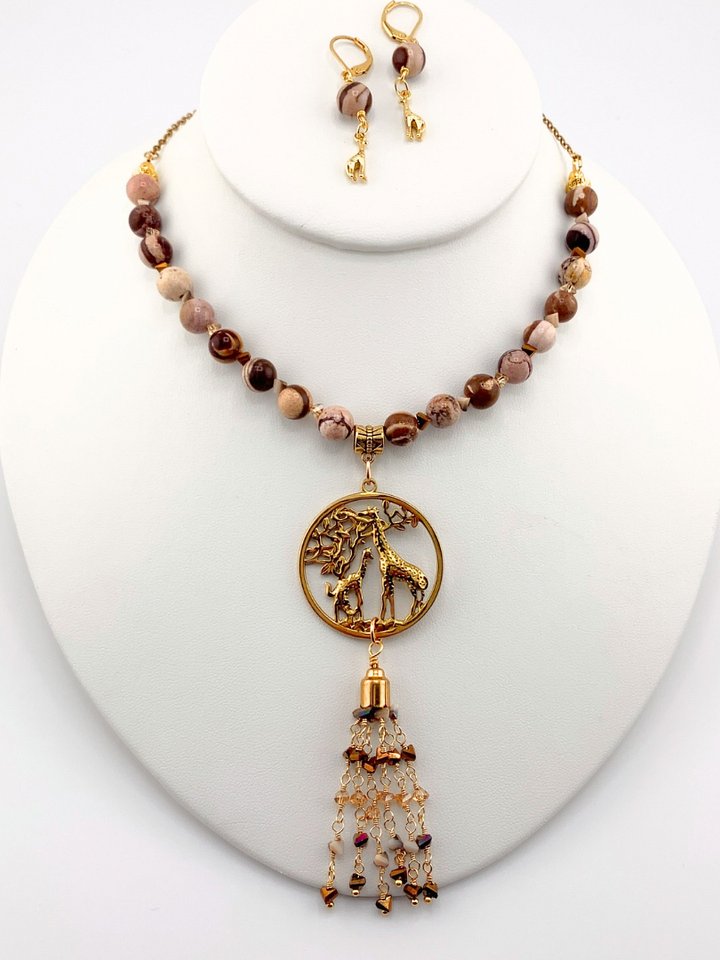 Zebra Jasper Beaded Pendant Necklace Set product image (1)