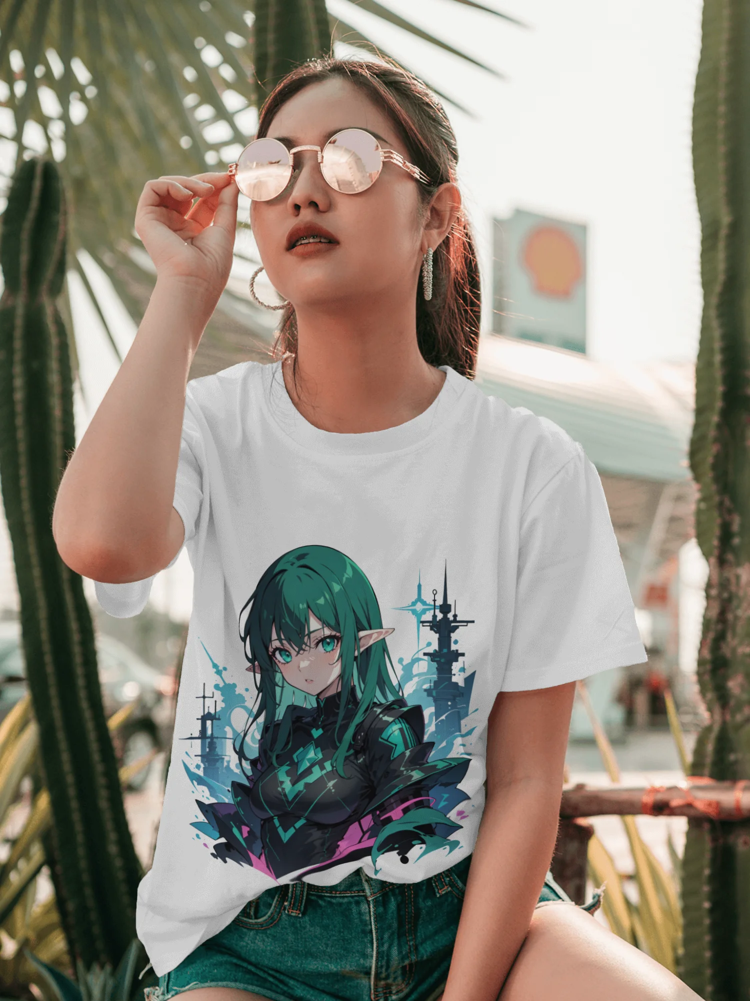 Emerald Matrix Cyberpunk Anime Tee - Techno-Sylvan Aesthetic product image (3)