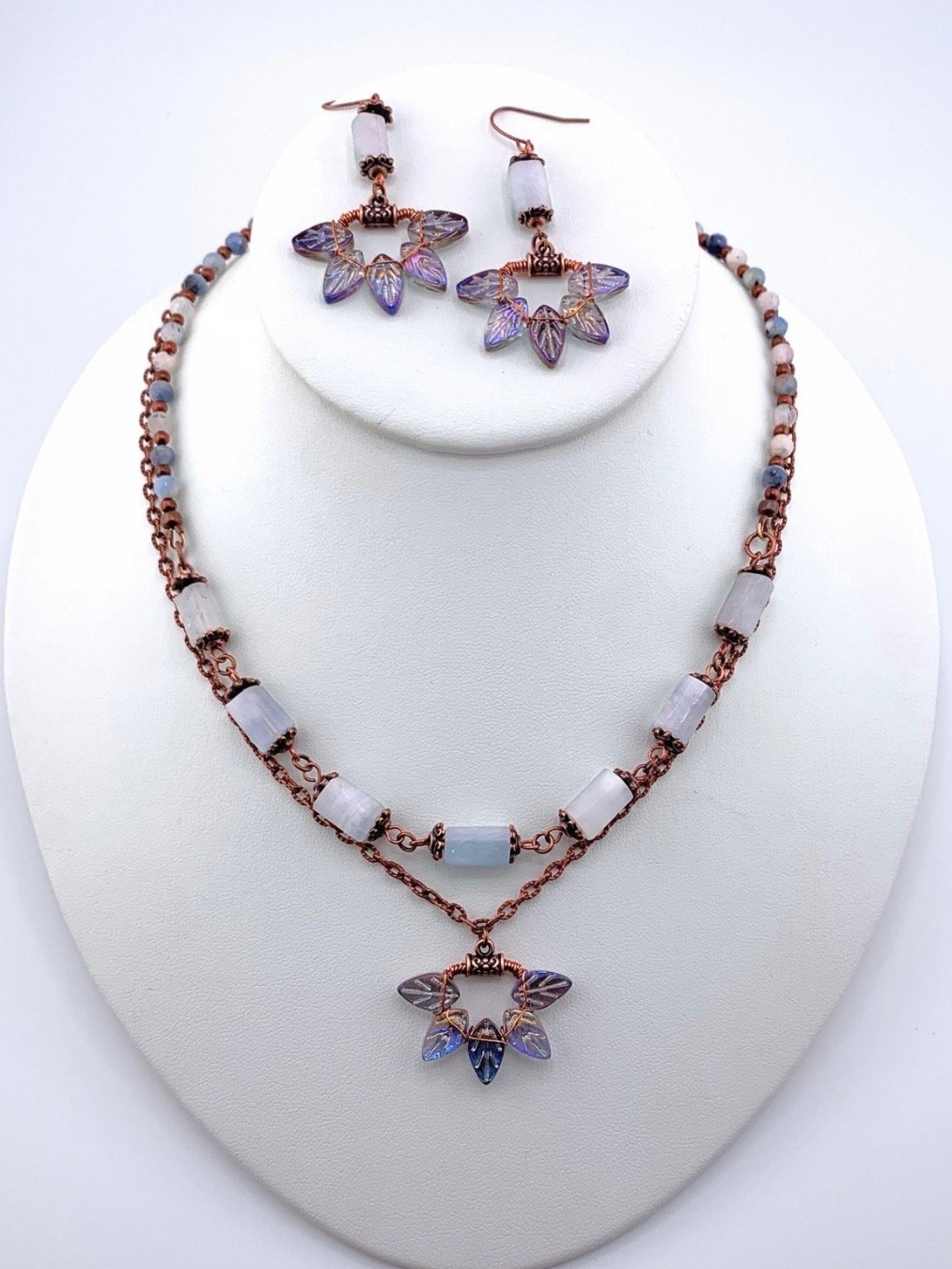 Aquamarine Copper Leaves Necklace and Earrings Set product image (1)