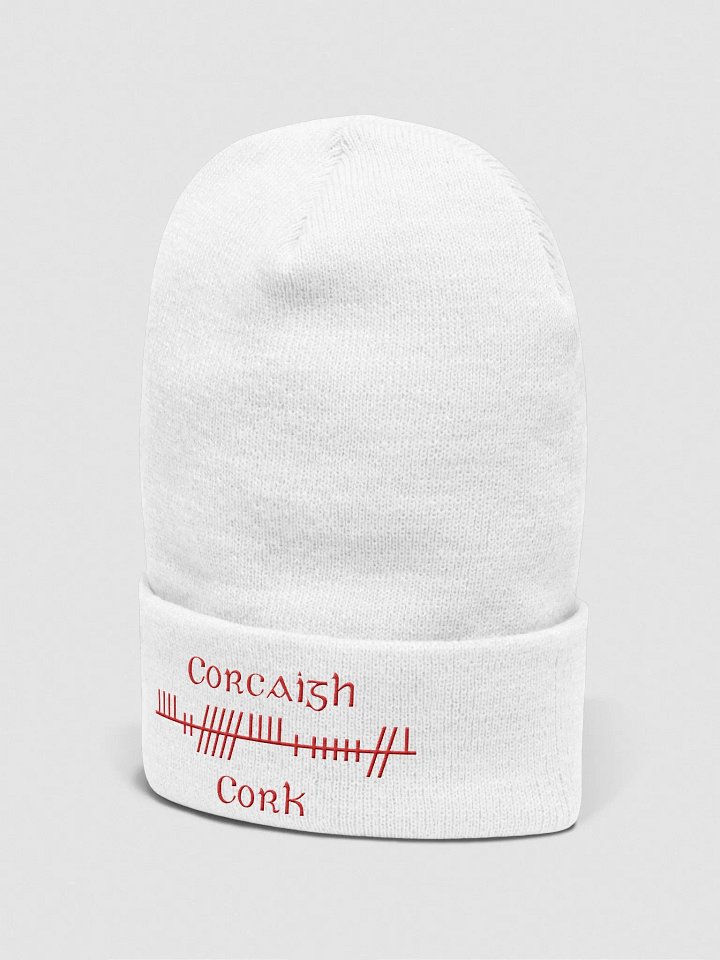 Cork/Corcaigh, Orthodox Style Ogham, white with red, embroidered Cuffed Beanie product image (2)