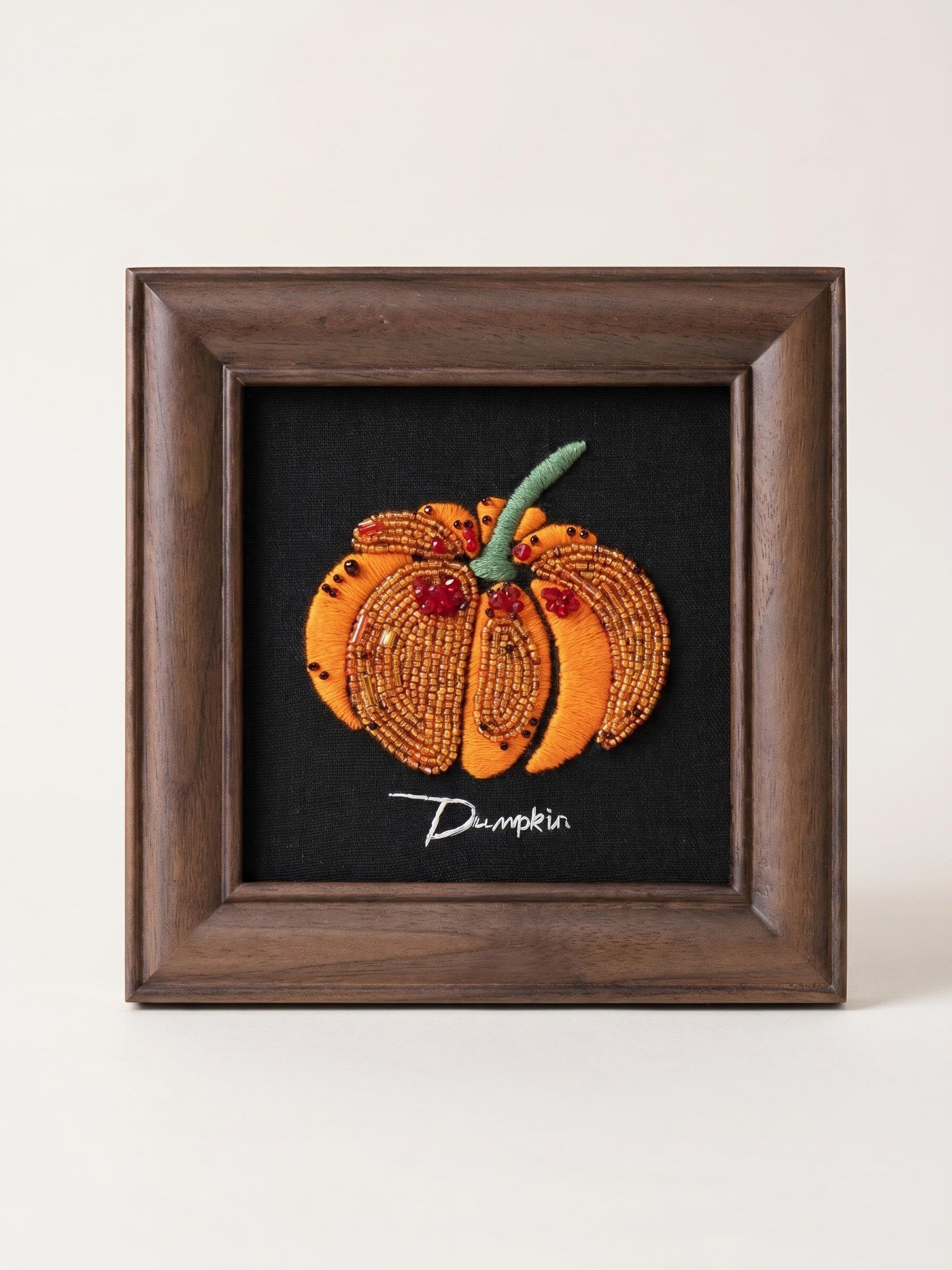 Fairy Tale Pumpkin Beaded Needlepoint Artwork in Rustic Open-Face Frame product image (1)