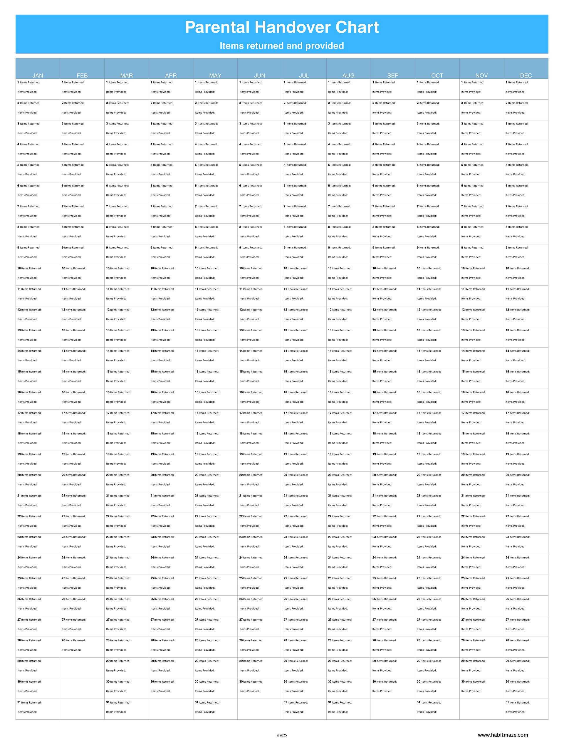 Parental Handover Chart ( 1 Year ) product image (1)