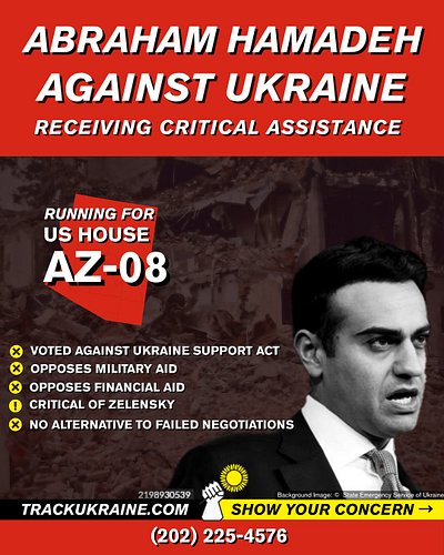 Arizona district 8 @AbrahamHamadeh is an opponent of assisting Ukraine with its self defense, claiming the U.S. gets nothing ...