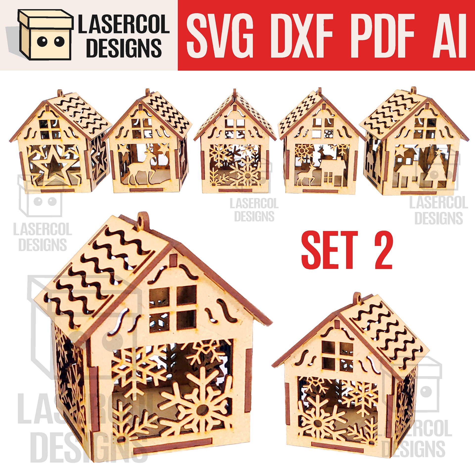 Christmas House Ornaments Set 2 (2 Sizes, 5 Styles) - Laser Cut Files product image (1)