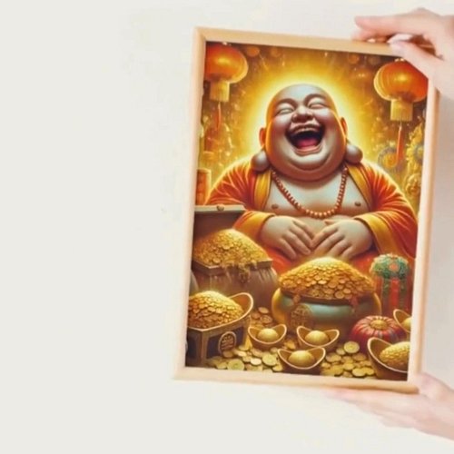A radiant Laughing Buddha artwork framed in warm wood, glowing with gold tones and joyful energy, designed to bring abundance...