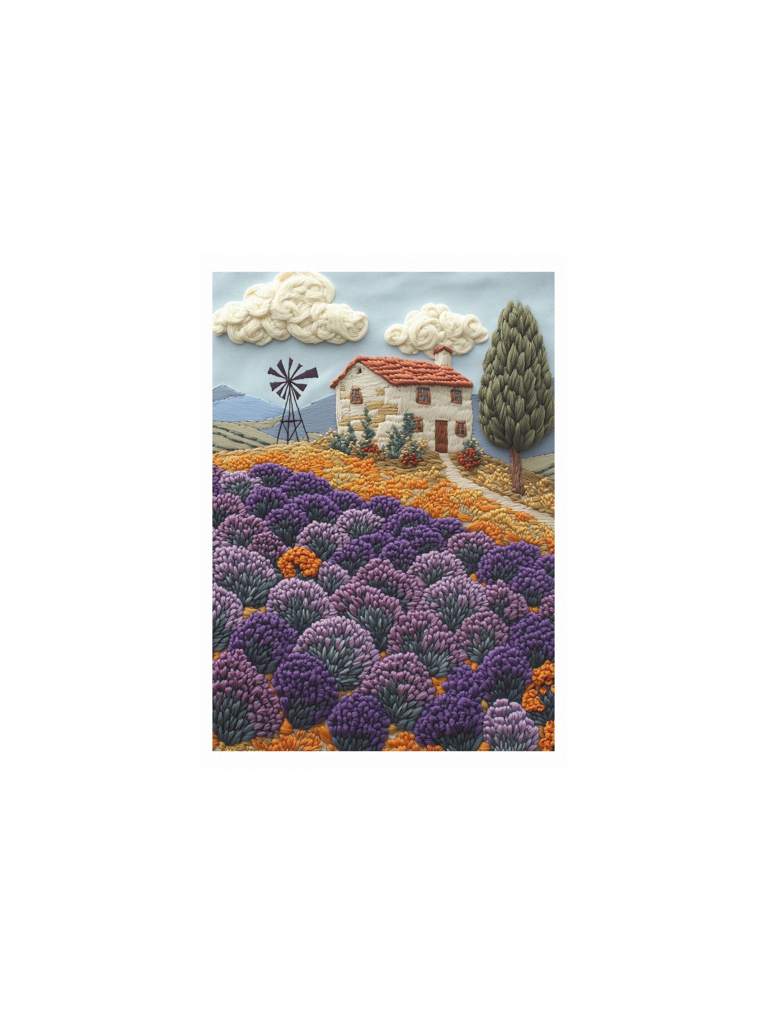 A Little Barn in the Countryside | Embroidery-Style Wall Art — Unframed Print product image (1)