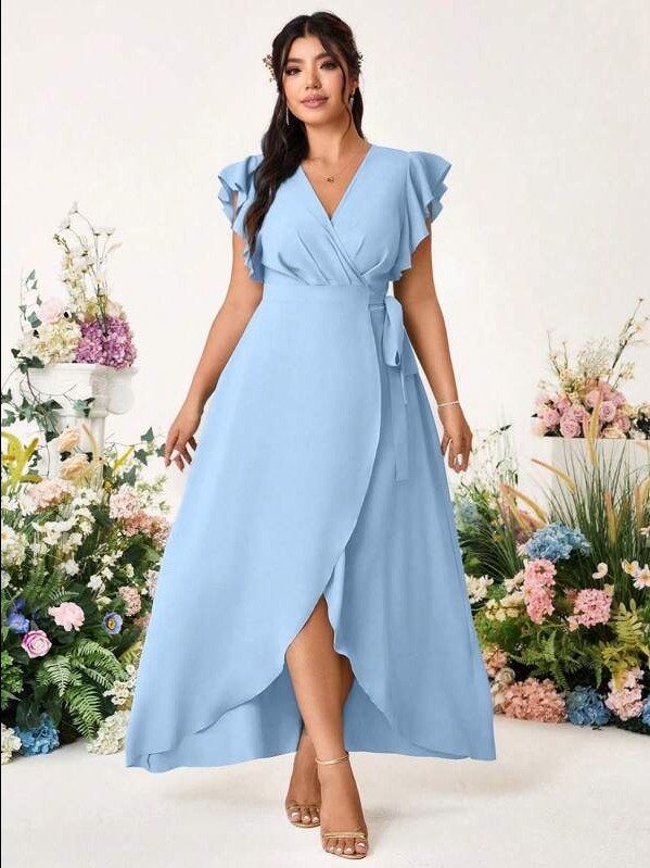 ADLEST Plus Size Elegant Romantic Wedding Solid Color Cross V-Neck Side Tie Sleeve Ruffle Dress product image (2)