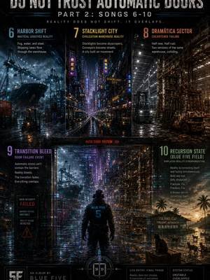 🚪 BLUE FIVE — DO NOT TRUST AUTOMATIC DOORS PART 2: SONGS 6–10 the warehouse is no longer splitting realities it’s stacking them bleeding them correcting them 6 → Harbor Shift 🌊 7 → Stacklight City 🌆 8 → Dramática Sector ⚙️ 9 → Transition Bleed 🚪 10 → RECURSION STATE (BLUE FIVE FIELD) 🧠 you are not entering new places anymore you are entering overlapping versions of the same one Blue Five is not lost the system is trying to stabilize around them 🎧 album out now (signal unstable) #bluefive  #DoNotTrustAutomaticDoors #argmusic  #IndustrialAlbum  #loremusic 
