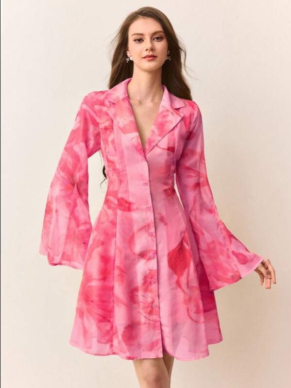 BELROSIE Tie Dye Floral Print Chiffon Collared A-Line Short Dress Dinner Brunch Vacation Garden Party Tea Party Tea Date Birthday Autumn Elegant Romantic product image (2)