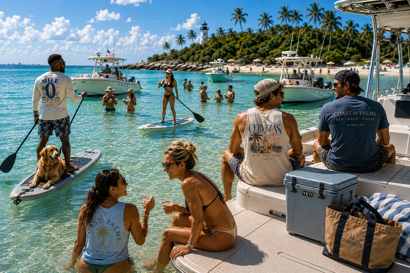 Friends spending the day on turquoise Florida water with boats, paddleboards, palm trees, and a lighthouse, wearing LL Social Co. coastal apparel and carrying an LL Social Co. tote.