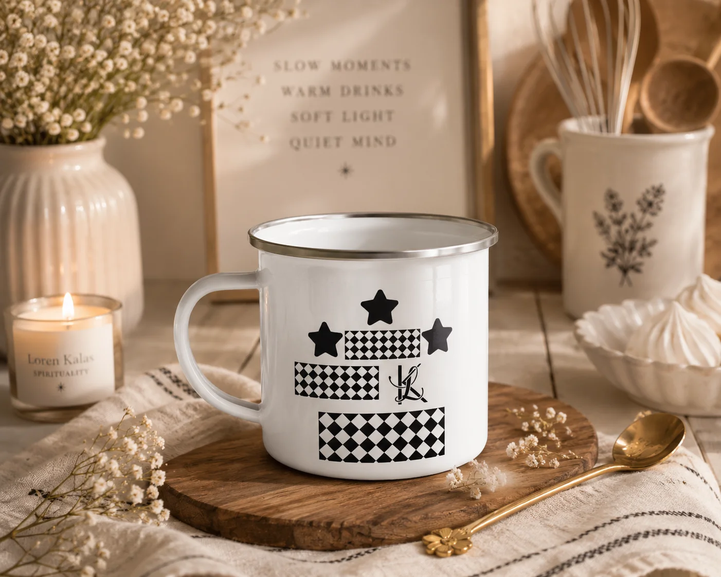 Loren Kalas™ Étoiles en Damier Enamel Mug – 12 oz product image (1)
