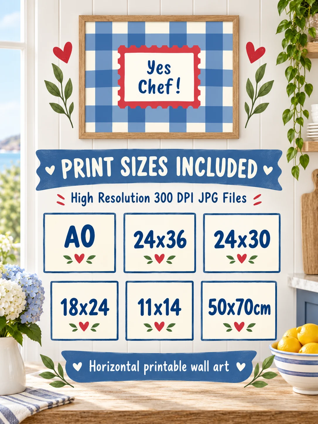 Yes Chef Kitchen Wall Art | Blue Gingham Cooking Quote | Retro Checkered Printable Poster product image (7)