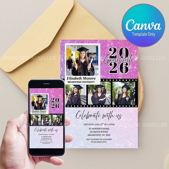 Pink Glitter Graduation Invitation Template 2026 Editable Canva Template product image (1)