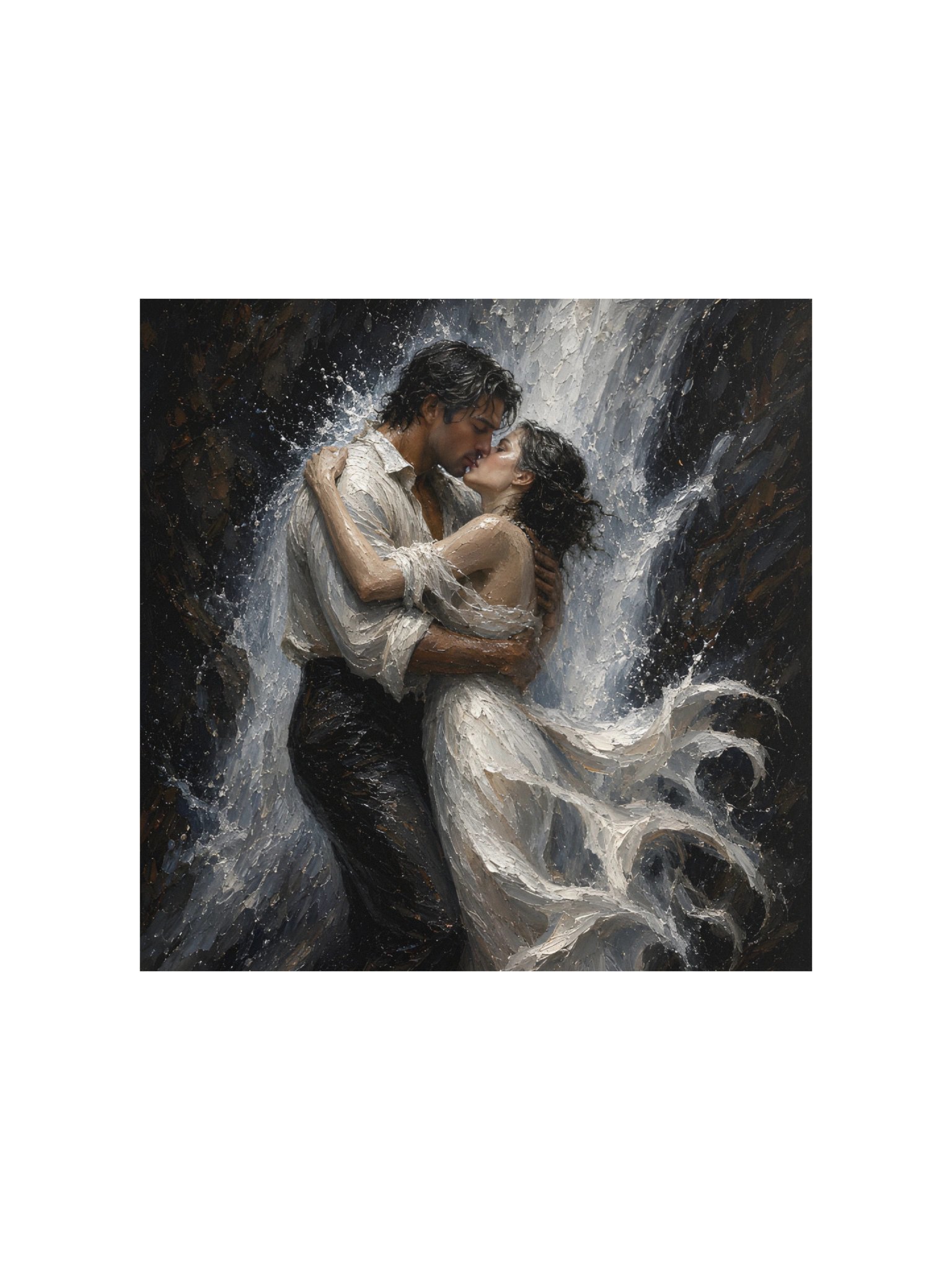 Expressionist Romantic Waterfall Couple Art Print, Passionate Kiss, 10x10 Love Wall Decor Gift product image (3)