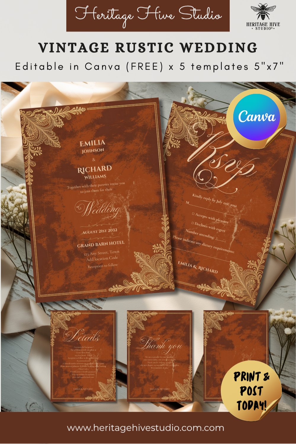 Editable Vintage Wedding Invitations | Edit in Canva | Instant Download Template | Rustic Brown Gold Terracotta product image (1)
