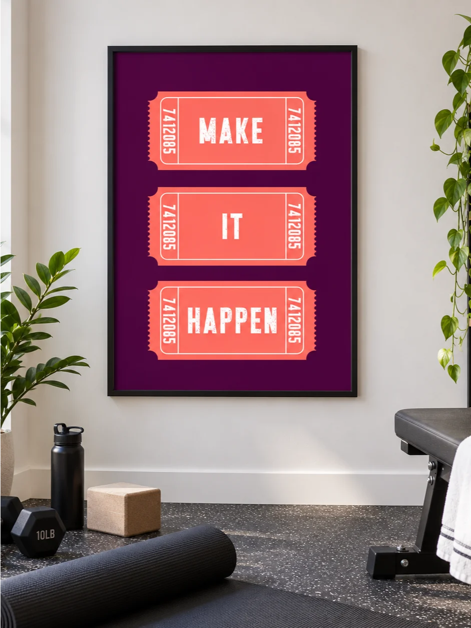 Make It Happen Motivational Poster, Retro Ticket Design, Purple Coral Typography Wall Art, Distressed Lettering, Printable Inspirational Art product image (8)