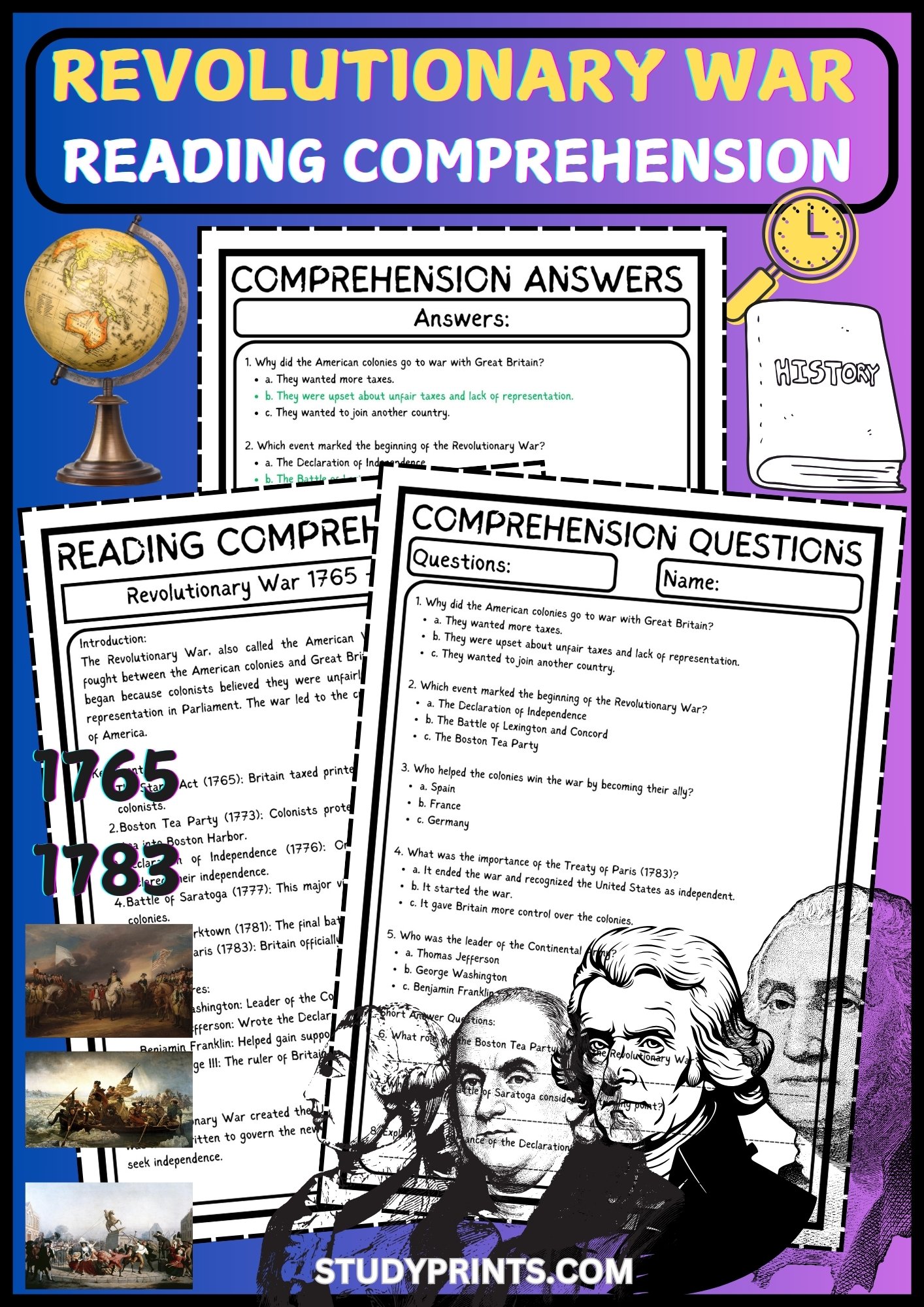 the American Revolutionary War READING COMPREHENSION WORKSHEET WITH 8 QUESTIONS PDF product image (1)