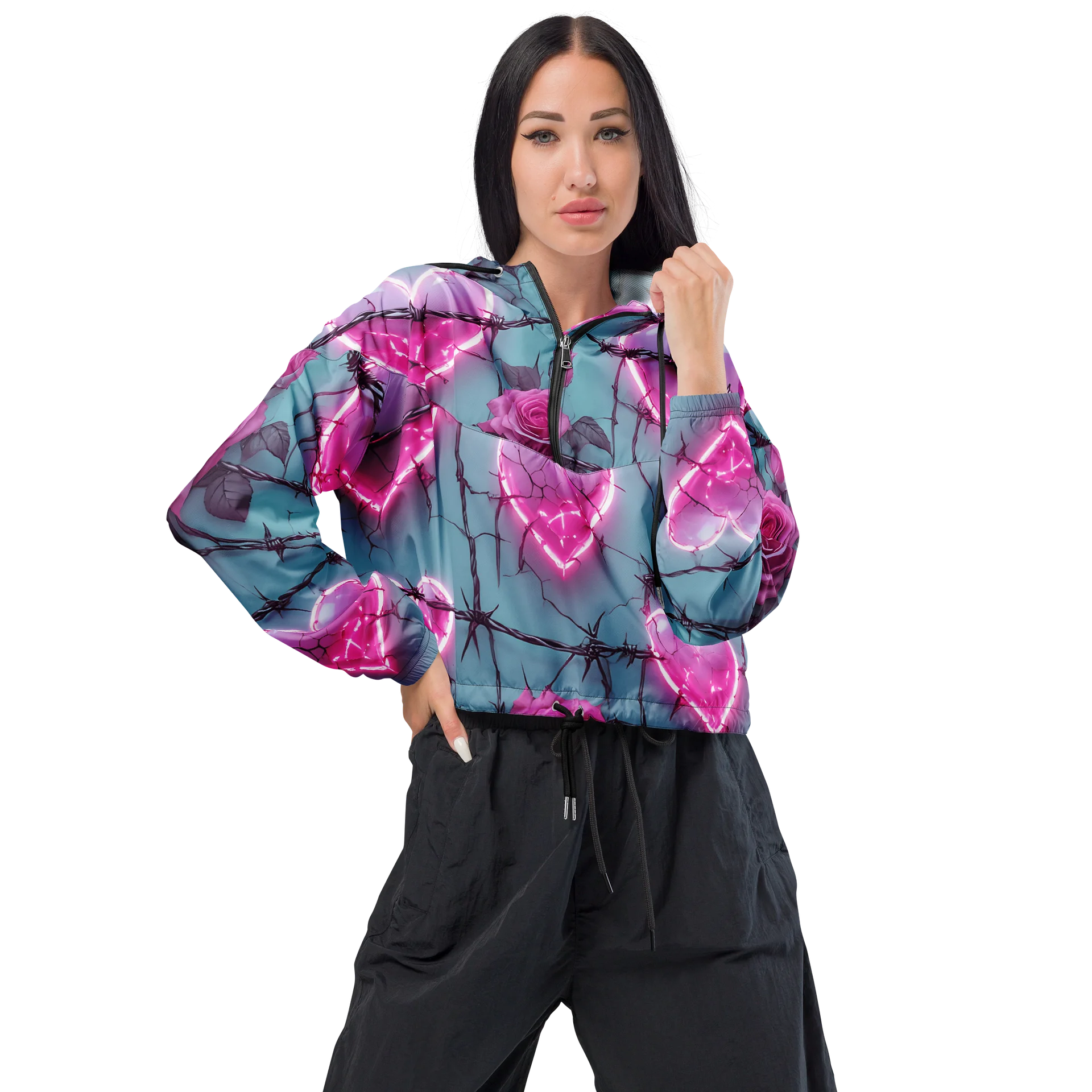 Neon Barbed Rose Heart Cropped Windbreaker - Glow Pink Shattered Hearts All-Over Print Women's Lightweight Jacket product image (1)
