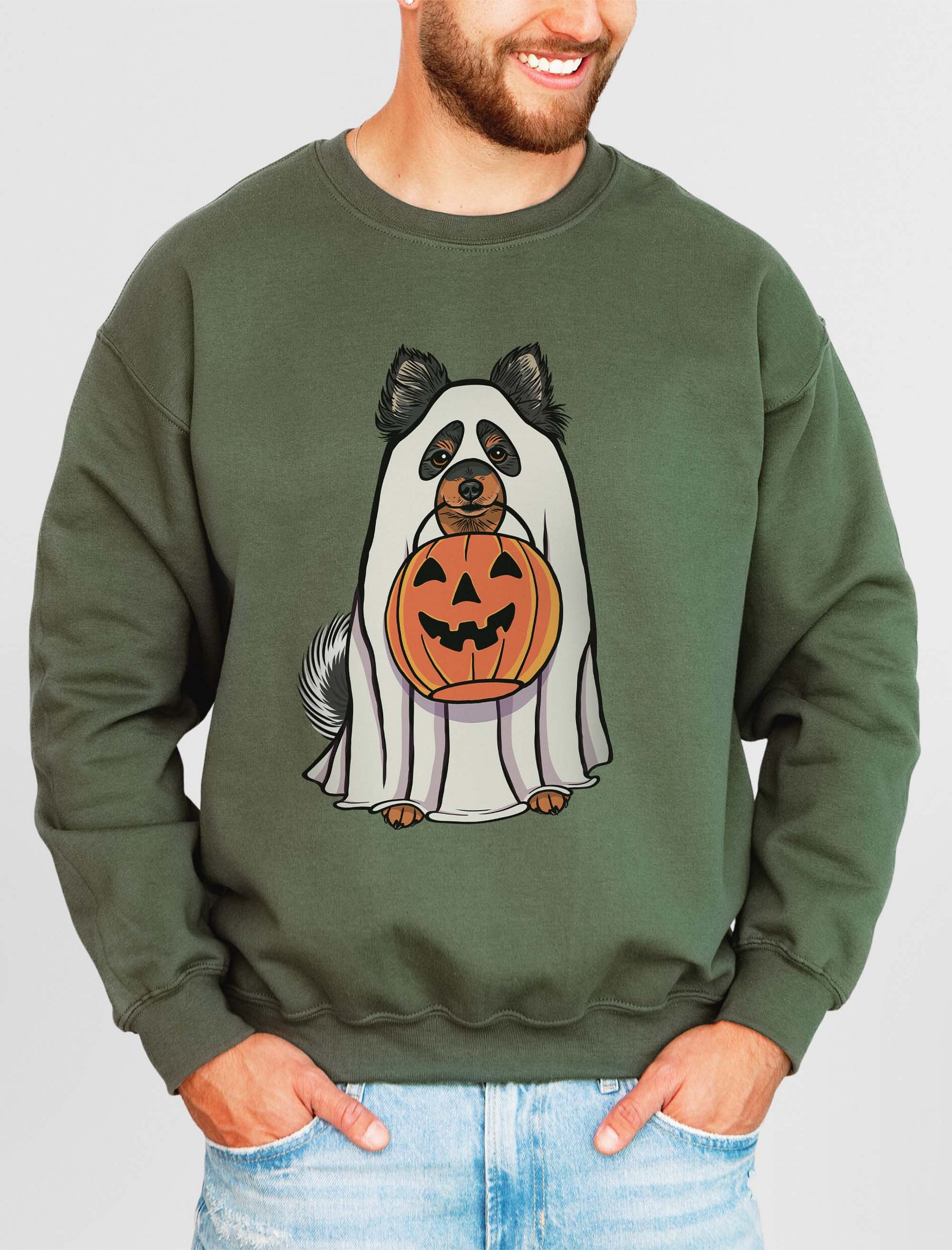 Funny Halloween Pomeranian(Tricolor) Sweatshirt | Funny Pomeranian Wearing a Ghost Costume and Holding a Pumpkin Basket product image (2)