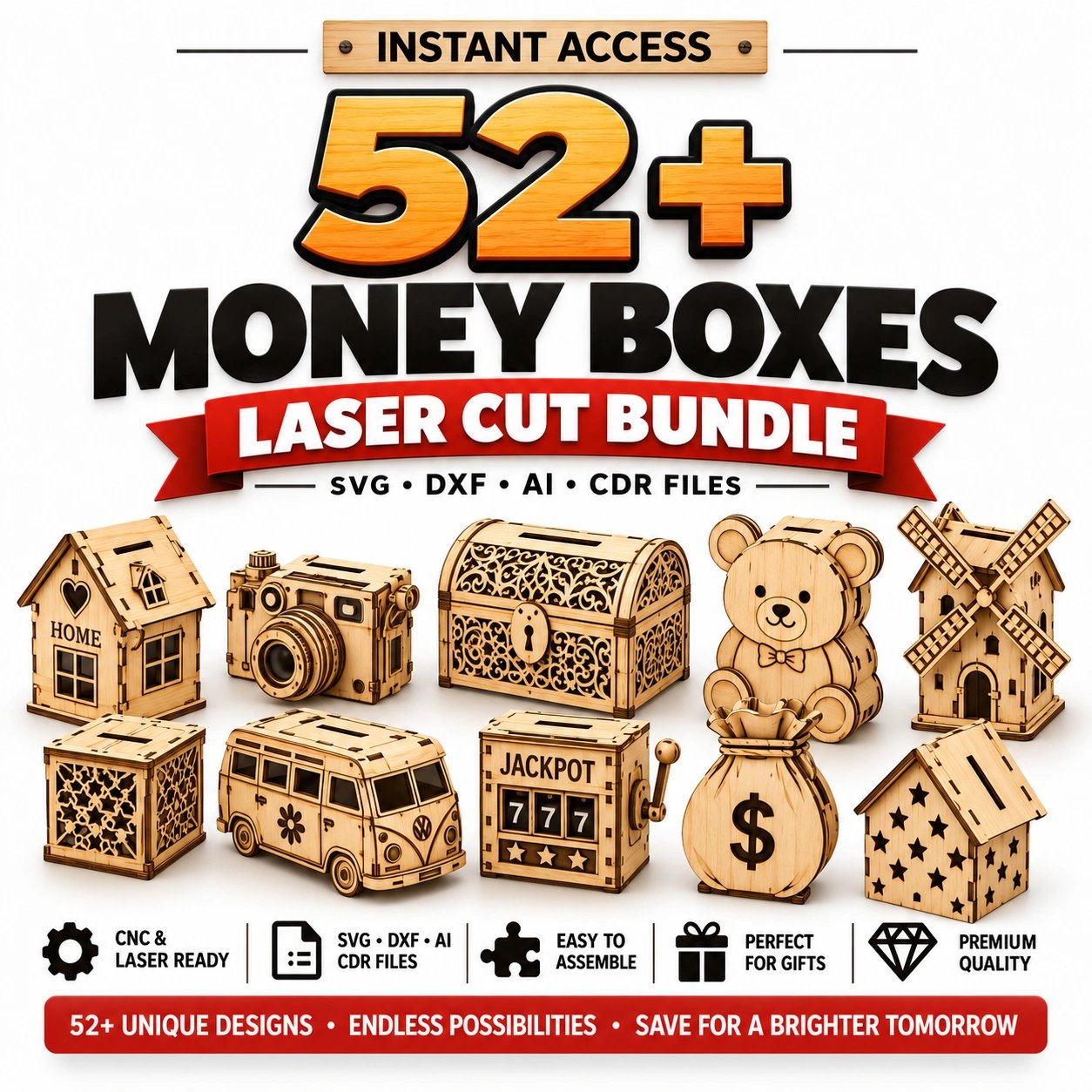 52+ Laser Cut Money Box Bundle | Piggy Bank & Coin Safe SVG, DXF, AI & CDR Files product image (1)