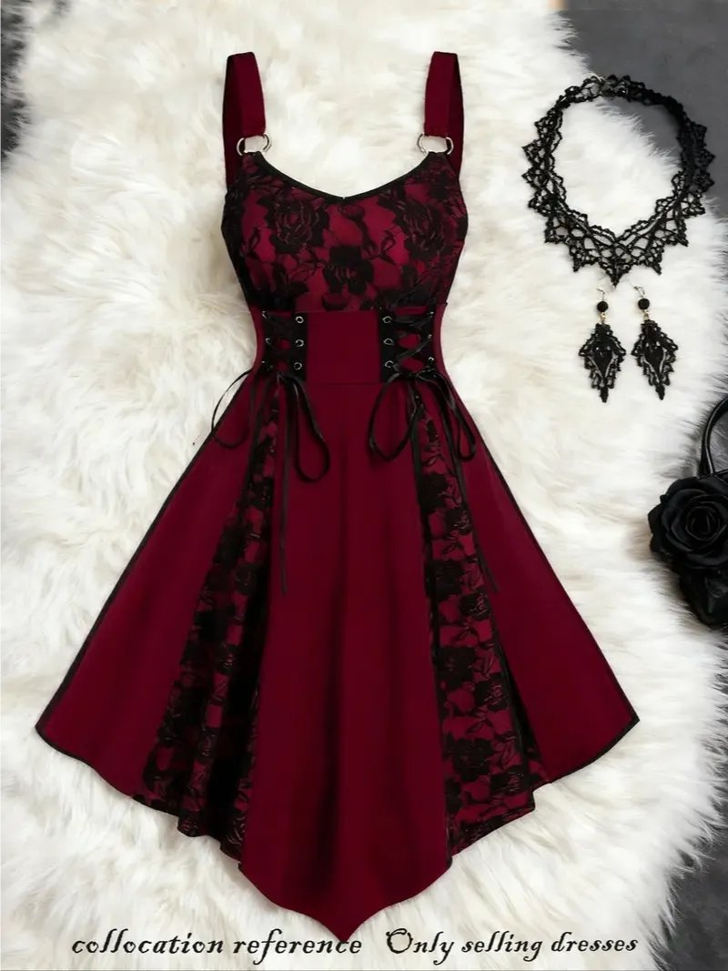 Women's Gothic Lace Patchwork Rose Dress, Sleeveless Waist-Tie Autumn Party Gown, Vintage Aesthetic Style Dress for Gothic Lovers product image (1)