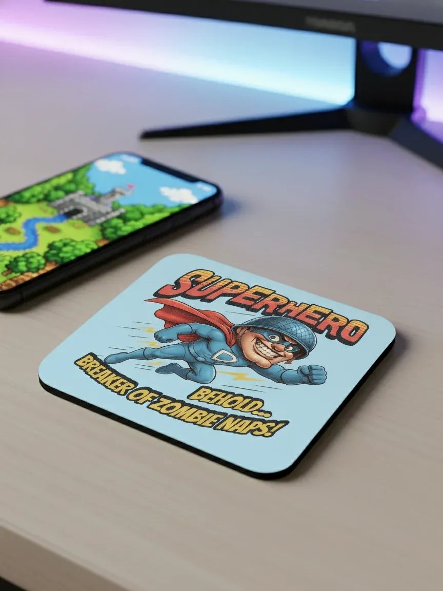 Superhero: Breaker of Zombie Naps — Glossed Cork Gaming Coaster product image (1)