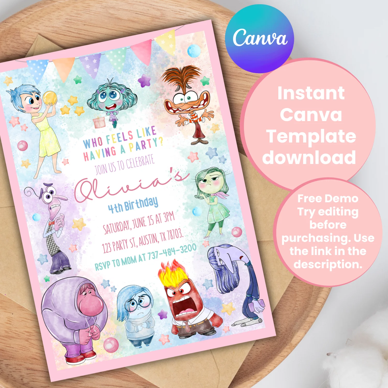 Editable Canva Template: Inside Out 2 Emotions Adventure Birthday Invitation - Joyful Inside Out Theme product image (1)