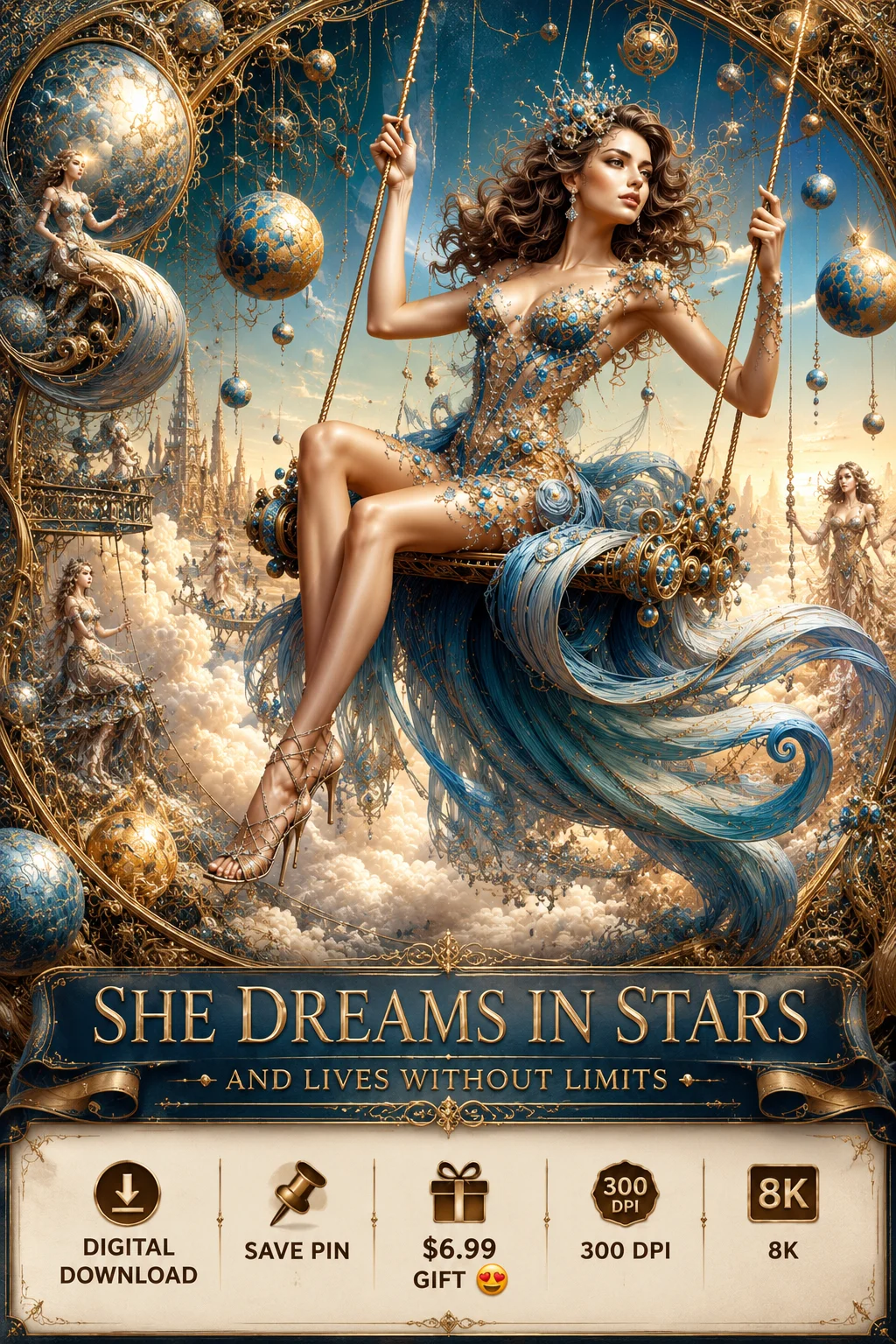 She Dreams in Stars Fantasy Wall Art | Steampunk Goddess Digital Download | Whimsical Gift Design product image (1)