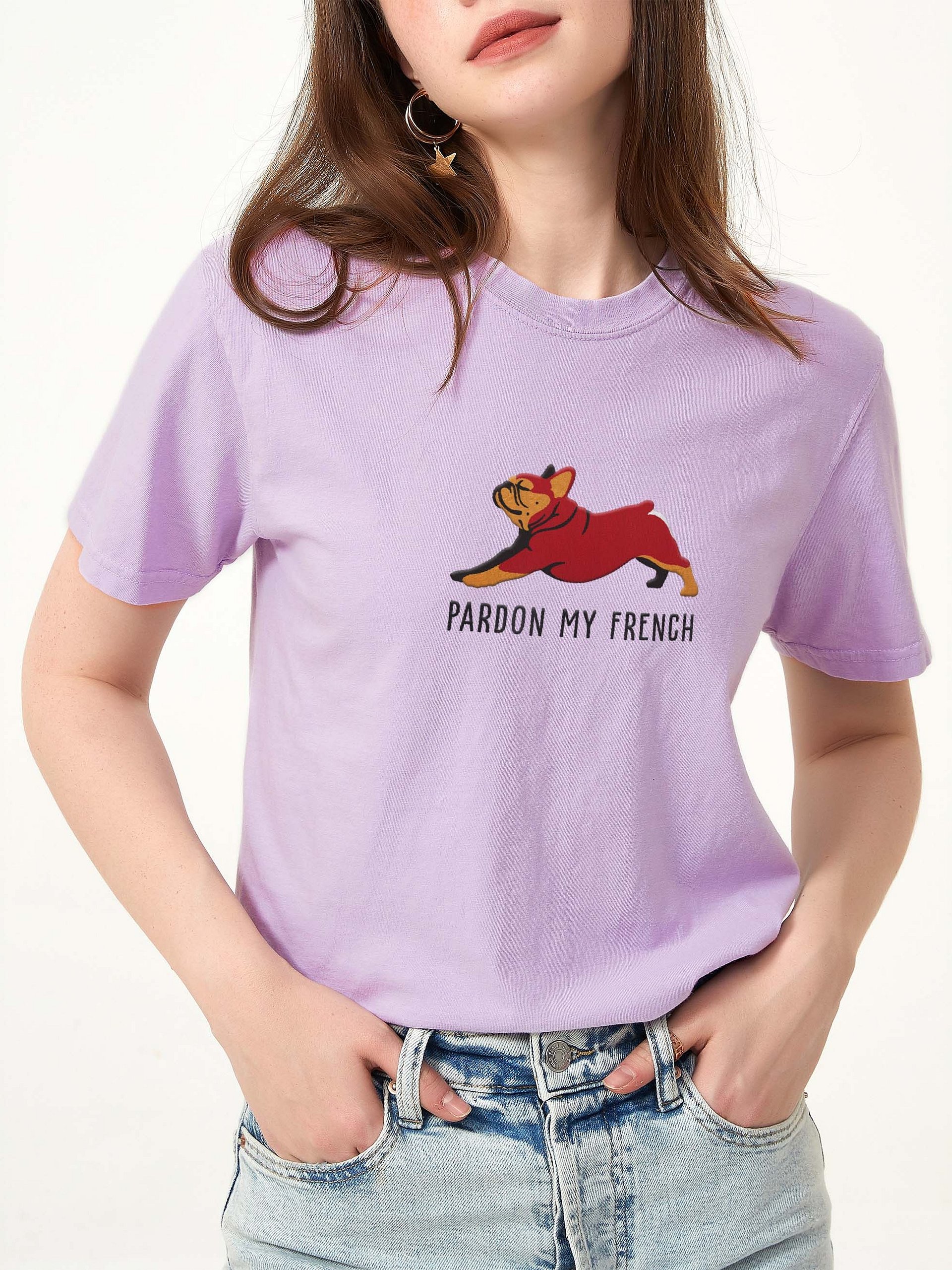 Pardon My French T-Shirt(Embroidered) of a French Bulldog(Red & Tan) product image (2)