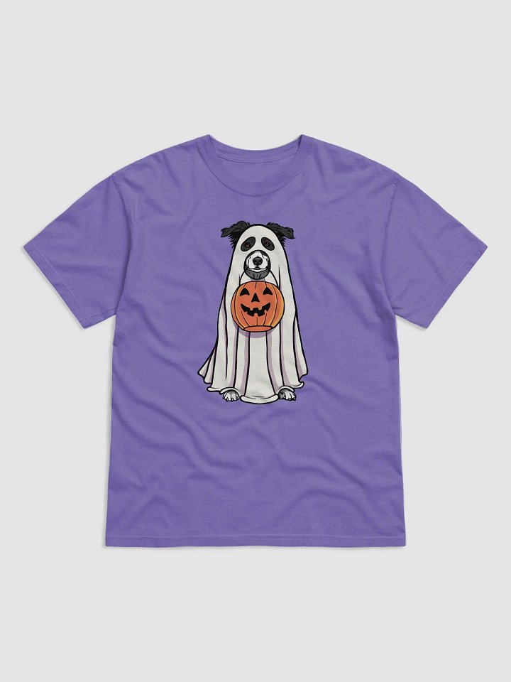 Funny Halloween Australian Shepherd(Black and White)T-Shirt | Funny Aussie Wearing a Ghost Costume and Holding a Pumpkin Basket product image (1)