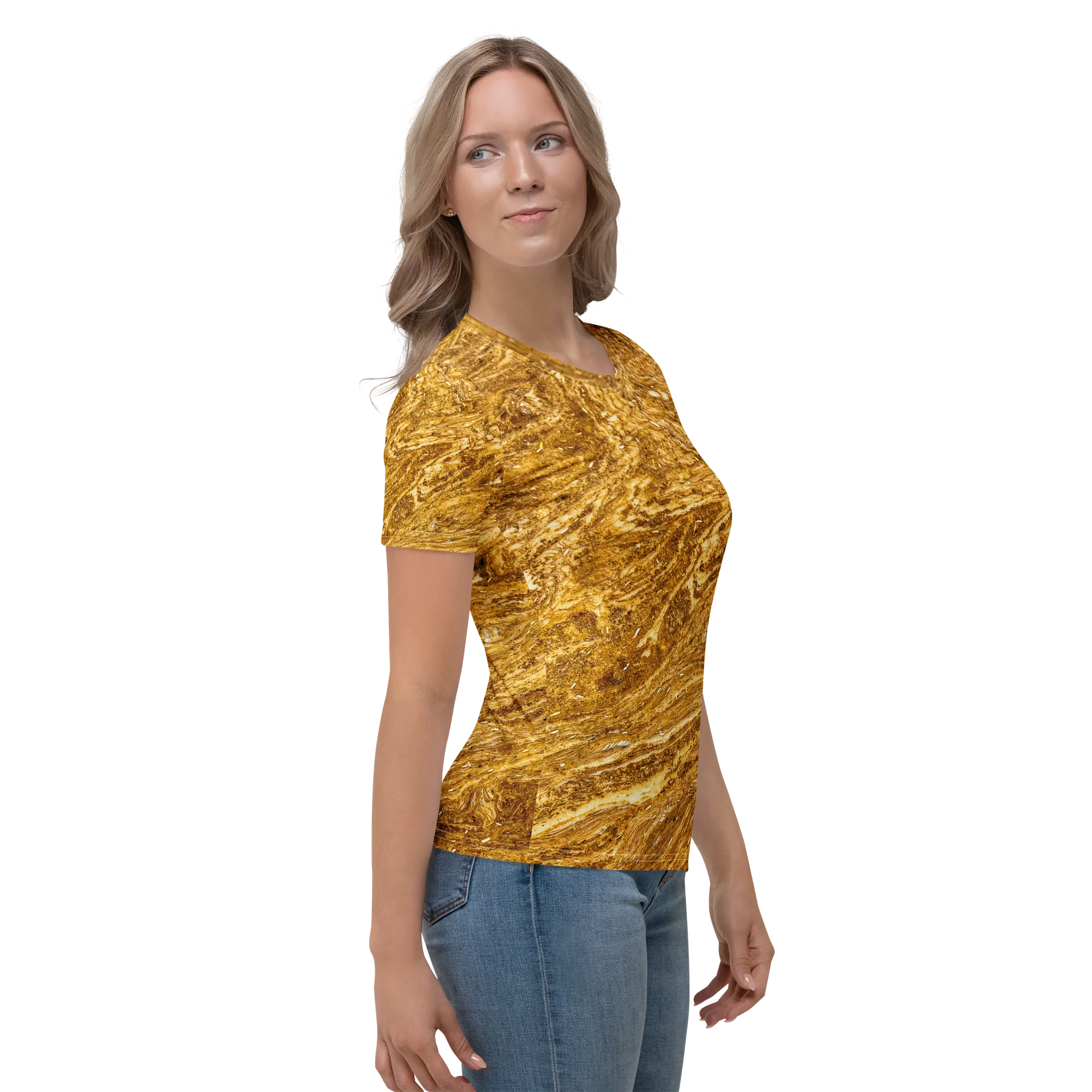Golden Strata: Earthy Swirl Marble Pattern Women’s Tee | Full Print Golden Ochre Short Sleeve Shirt | Tiger Eye Boho Casual Top product image (4)