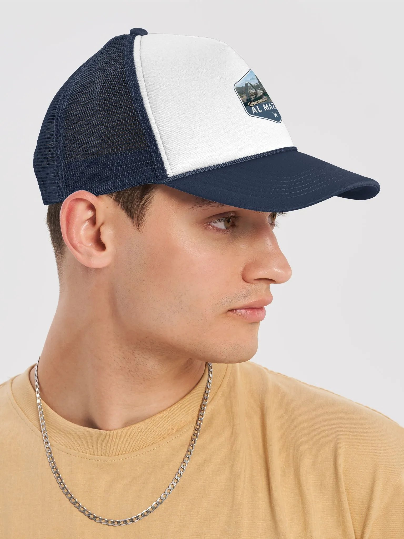 Welcome to Al Mazrah Trucker Hat | Blue product image (6)