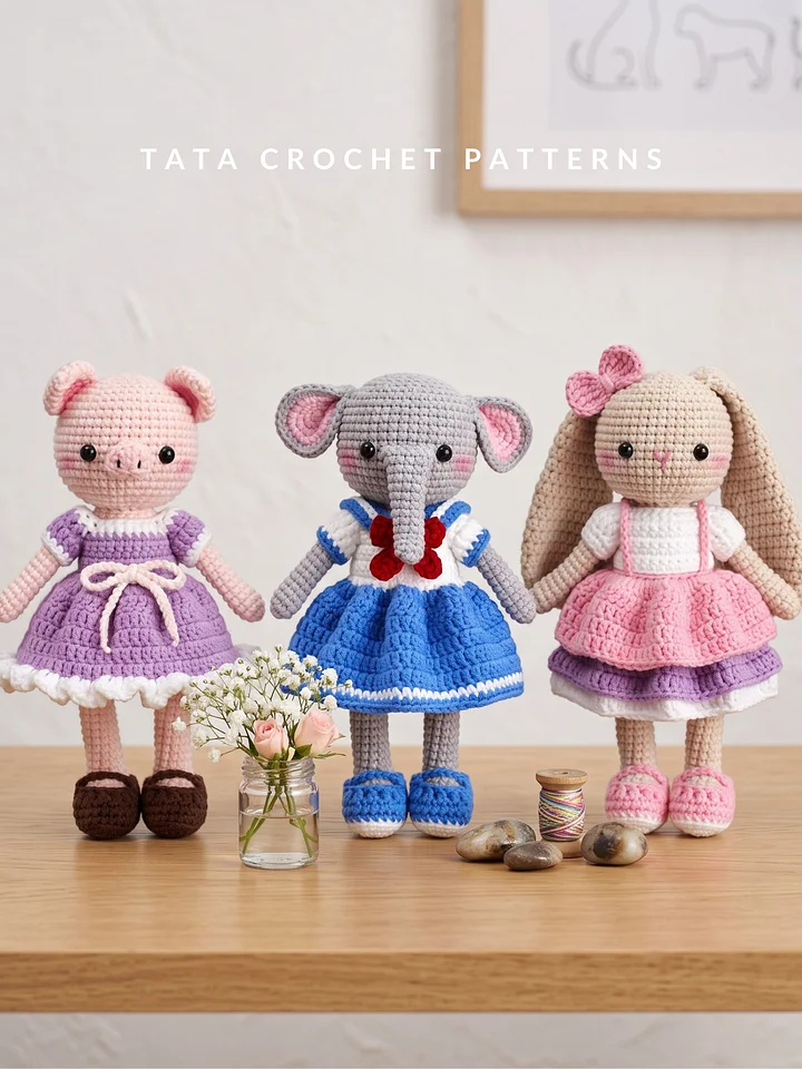 3-in-1 Amigurumi Animal Dolls with Removable Outfits – Crochet Pattern Bundle (Bunny, Piggy, Elephant) | Digital PDF product image (2)