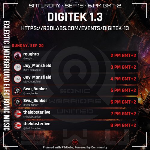 // Now Live // DIGITEK 1.3
. 
• Eclectic Underground Electronic Music
.
• Full Lineup: https://r3dlabs.com/events/digitek-13 ...