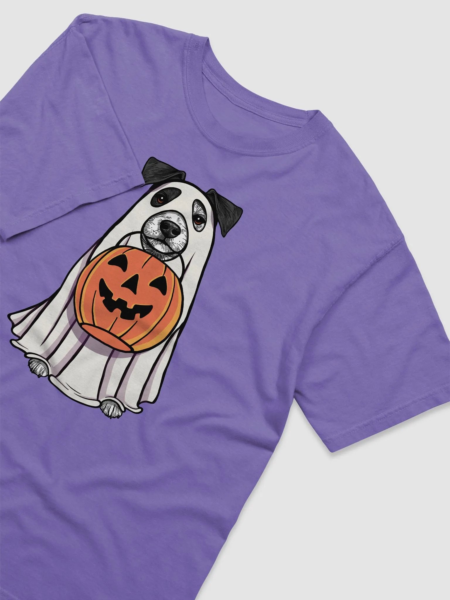Funny Halloween Jack Russell Terrier(Black) T-Shirt | Funny JRT Wearing a Ghost Costume and Holding a Pumpkin Basket product image (6)
