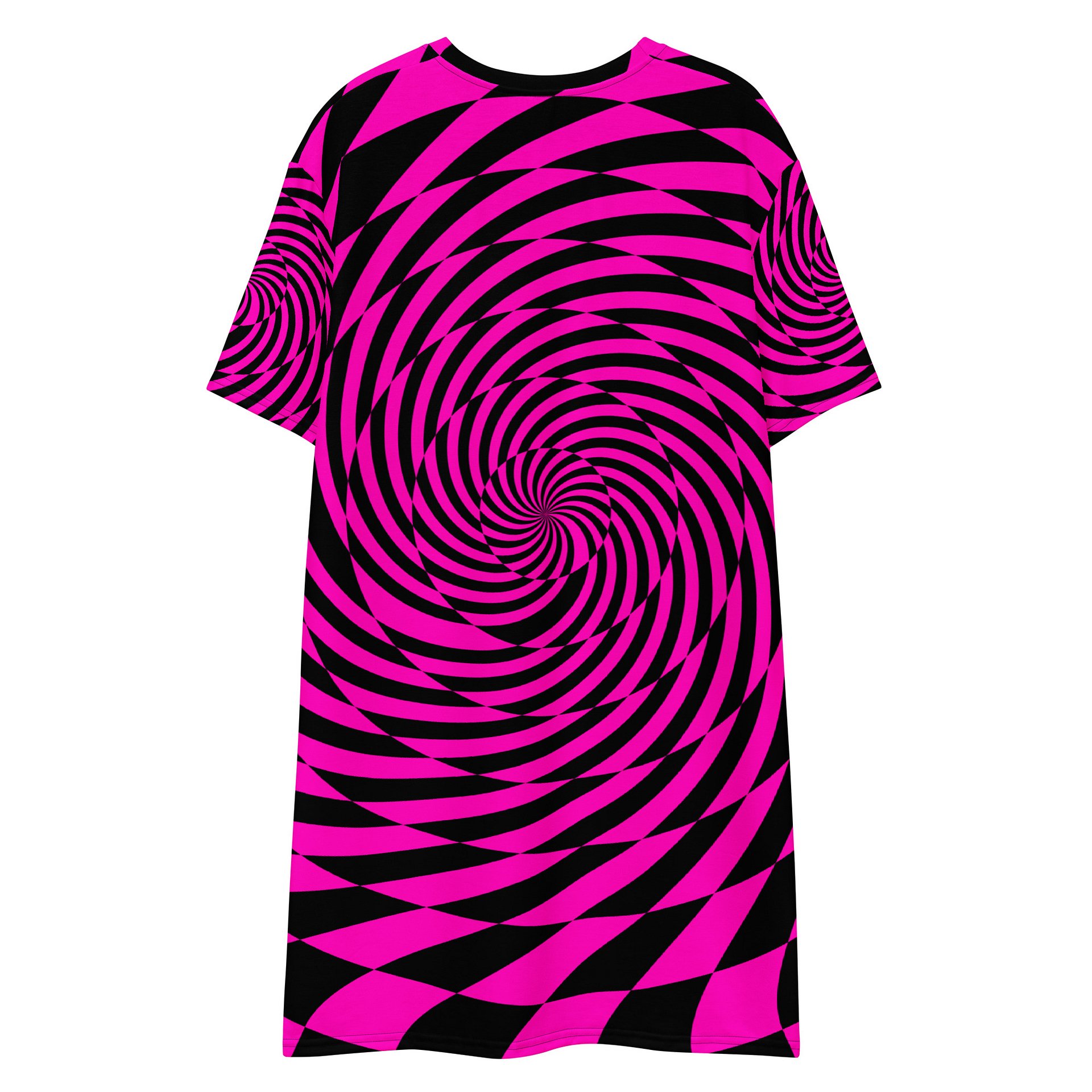Psychedelic Spirals T-Shirt Dress, Trippy Techno Rave Outfit, EDM Festival Fashion, Black Hot Pink Twisted Checkers Clothing product image (5)