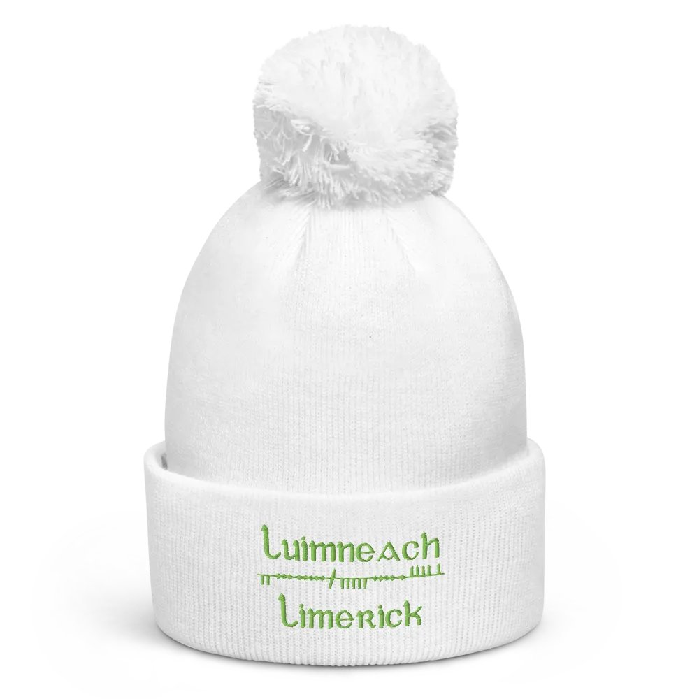 Limerick/Luimneach Scholastic style Ogham, white with green embroidered Pom-Pom Beanie product image (1)