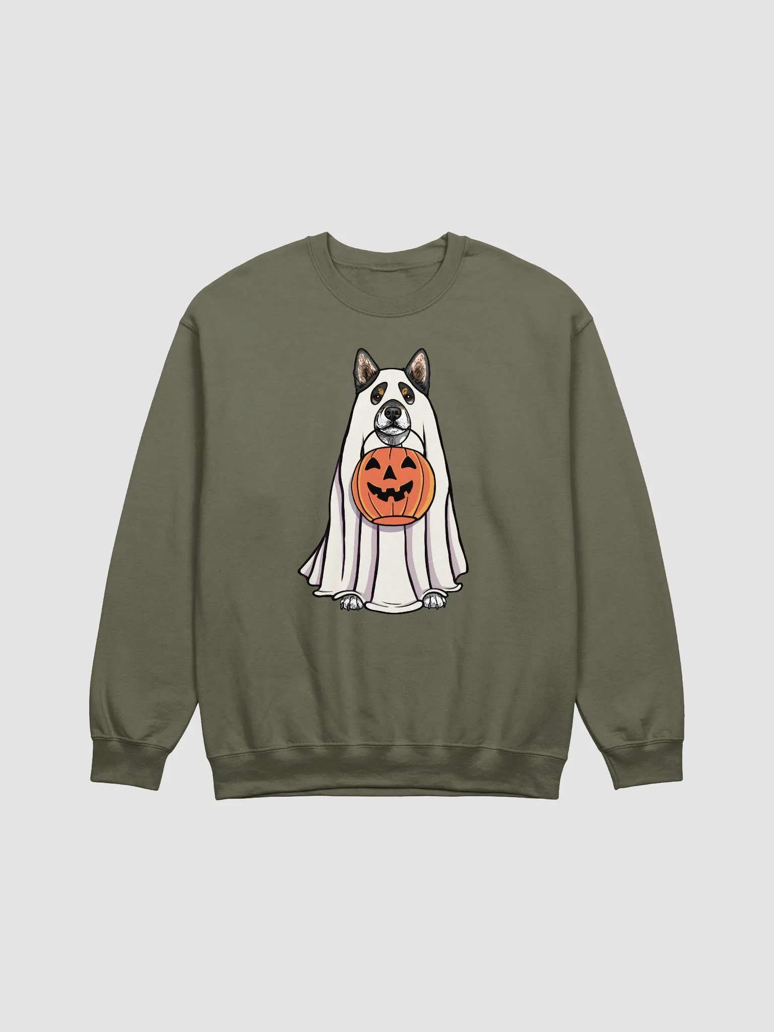 Funny Halloween Shiba Inu(Tricolor) Sweatshirt | Funny Dog Wearing a Ghost Costume and Holding a Pumpkin Basket product image (1)