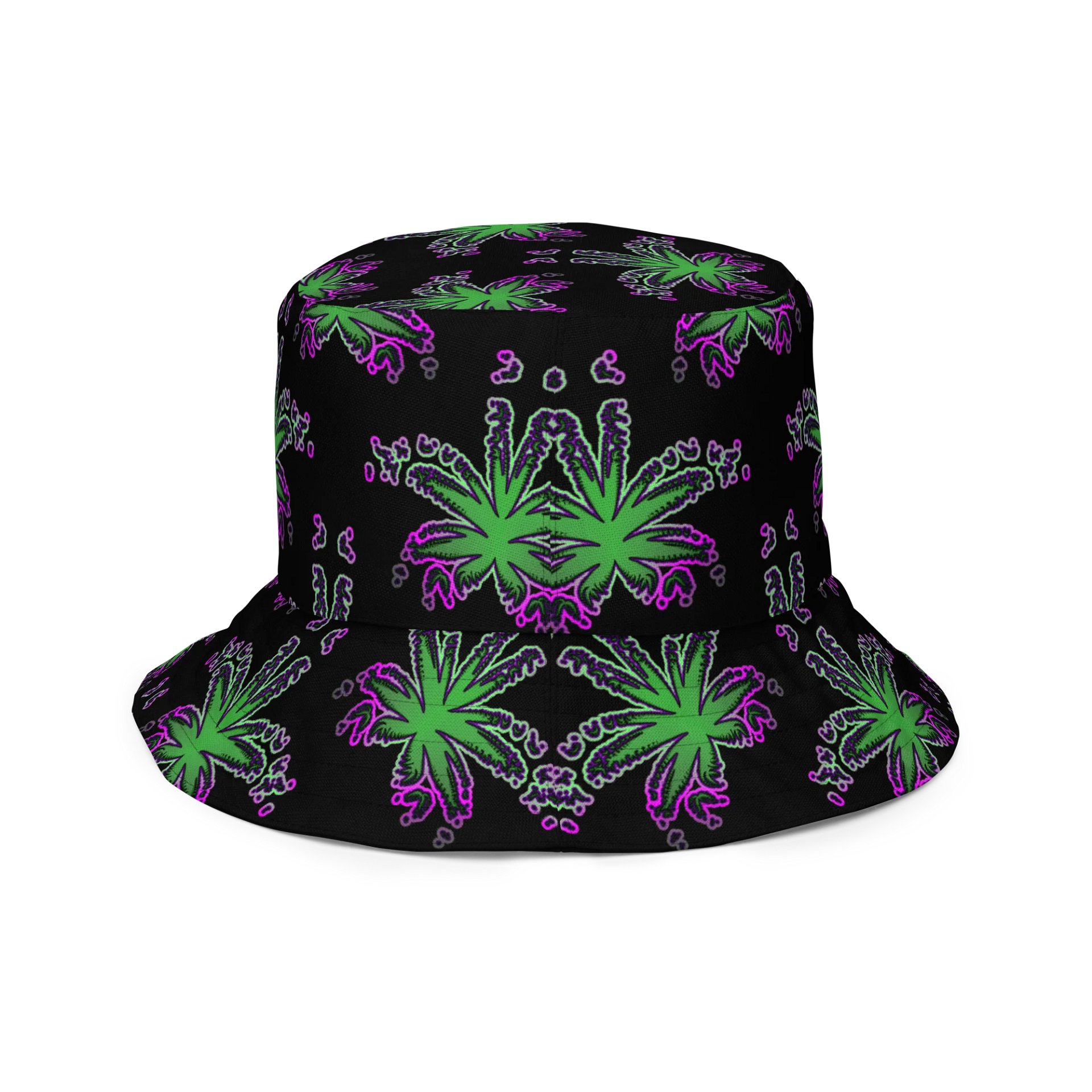 Green Purple Pot Leaf Pattern Reversible Bucket Hat, Cannabis Summertime 420 Fashion Accessory product image (8)