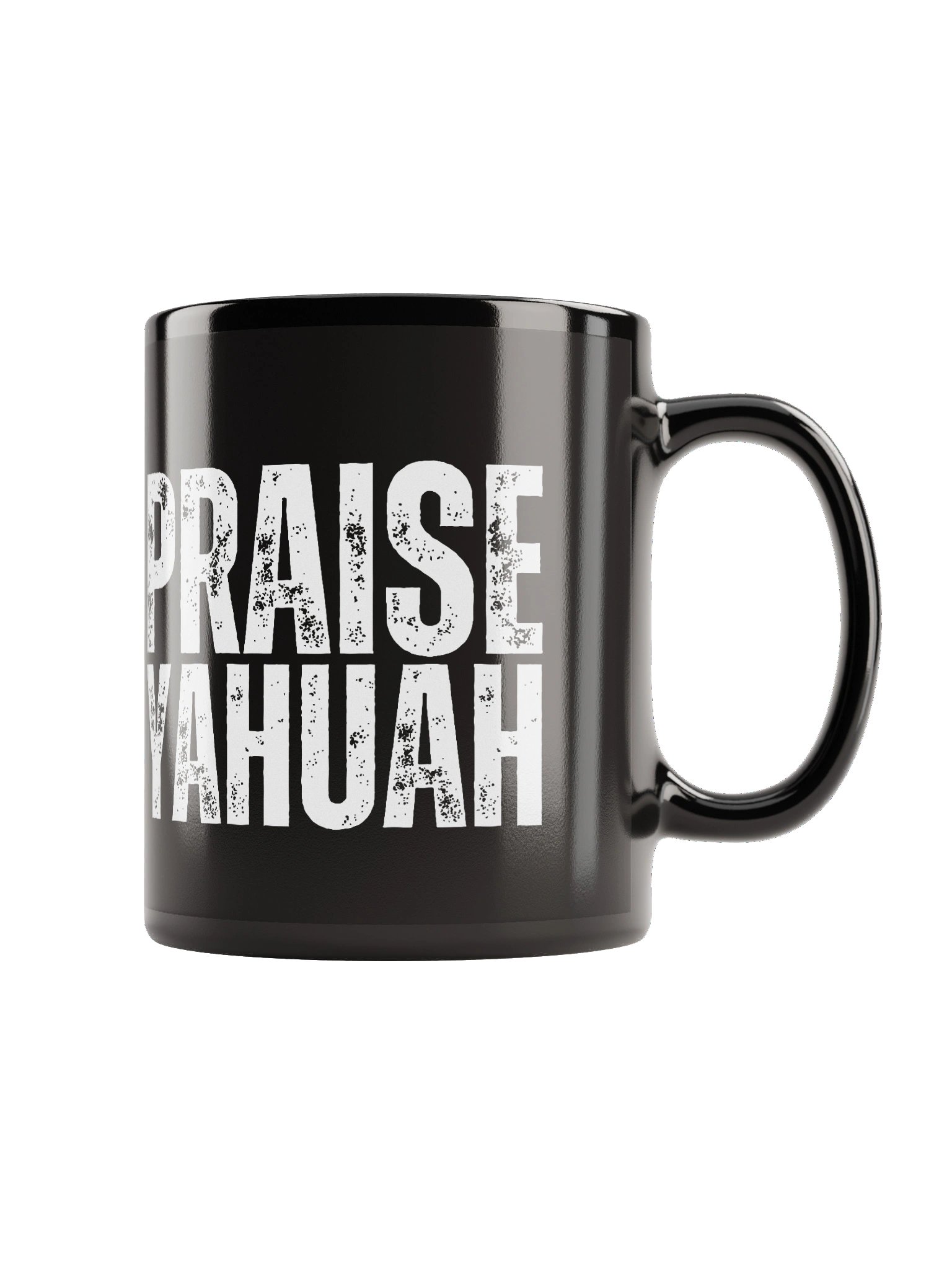 PRAISE YAHUAH Black Distressed Style Mug | Glossy Ceramic Hebrew Cup product image (1)
