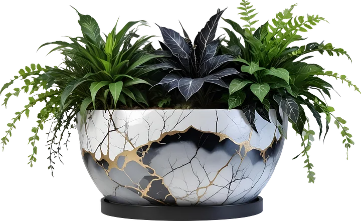 Kintsugi Harmony – White and Grey Ceramic Planter PNG product image (1)
