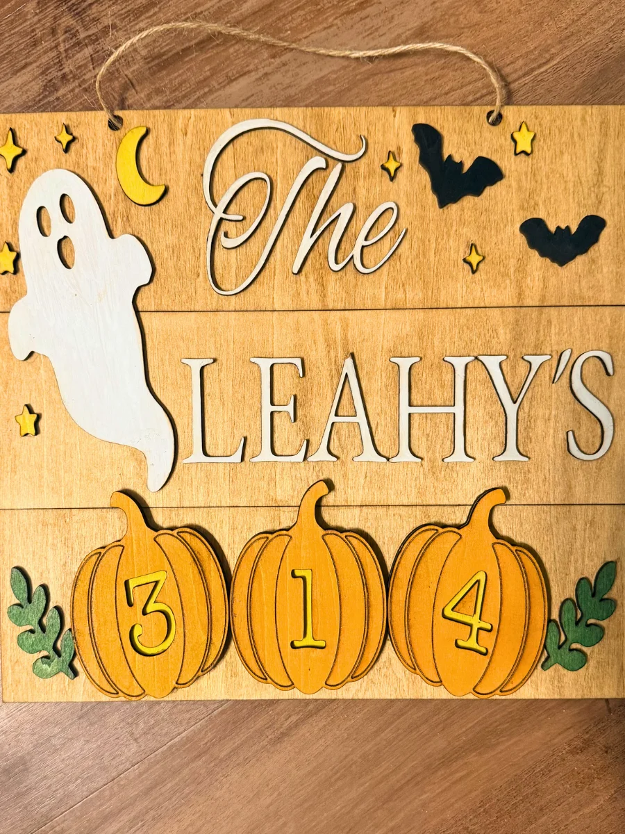 Personalized Halloween Door Hanger | Custom Family Name, House Number Sign | Basswood Pumpkin Decor product image (1)